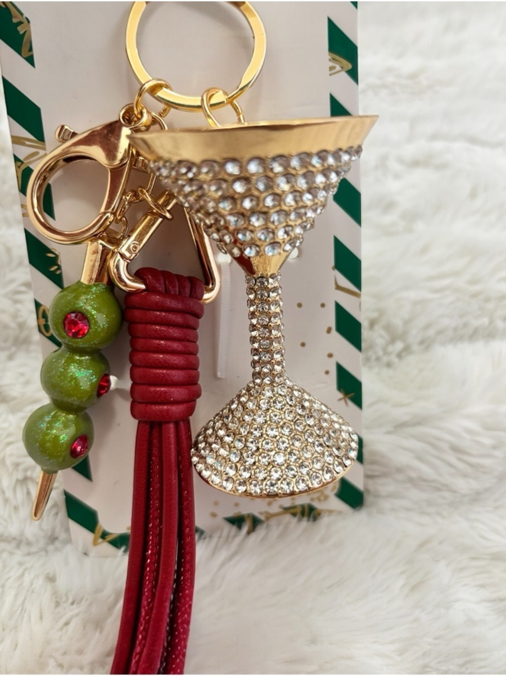 Gold Crystal Martini and Olives Keychain with Red Tassel
